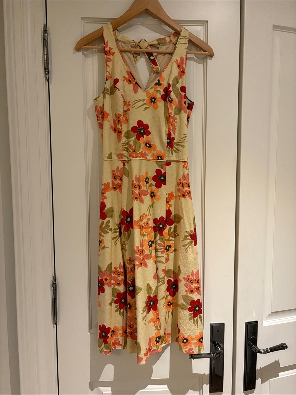 LOFT Cream Midi Dress with Red and Orange Floral Print